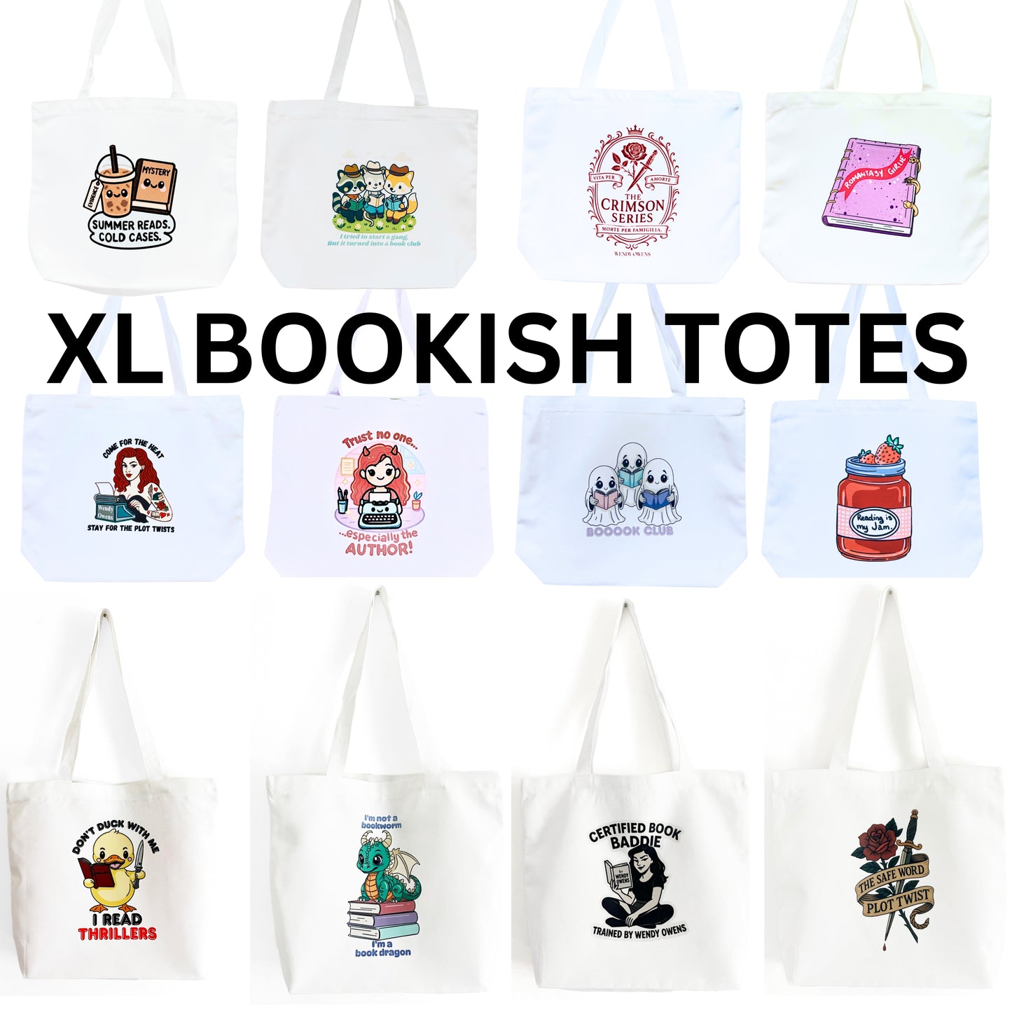 Book Lover Tote Bag – Spacious 18.5" Canvas Bag with Double-Sided Hand-Drawn Design by Author Wendy Owens