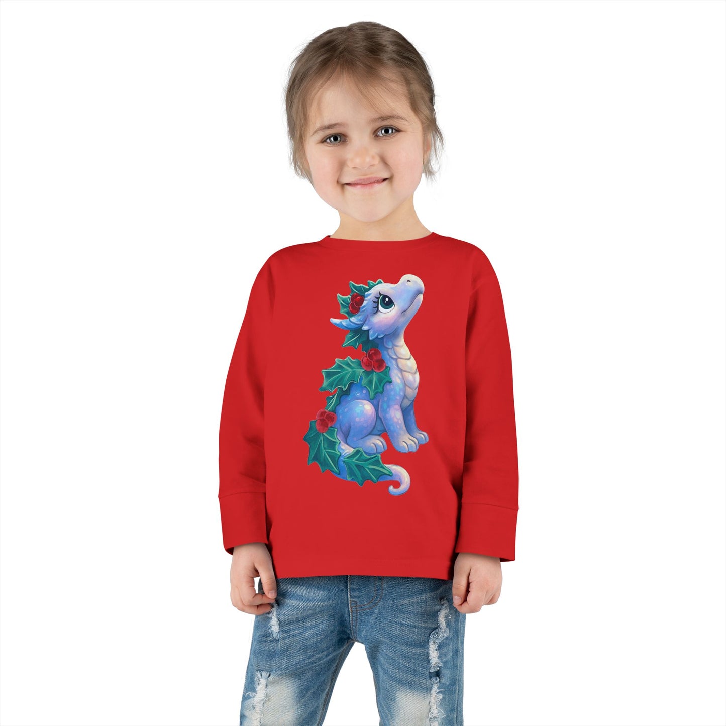 Holiday Dragon Toddler Long Sleeve Tee — Cute Blue Baby Dragon with Holly