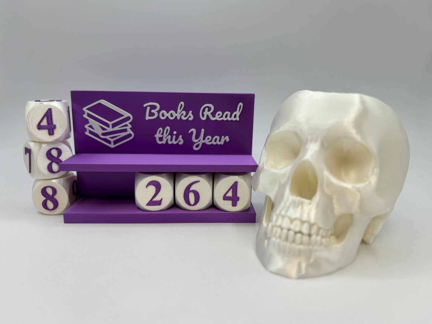 3D Printed Book Lovers Accessory Bundle – Adjustable book tracker up to 999 Books, book mark box, skull pen holder, Multiple Colors