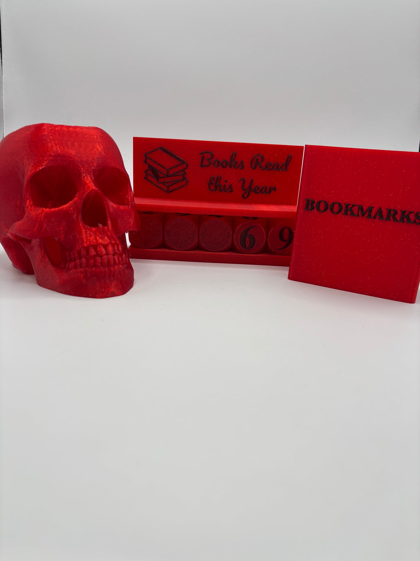 3D Printed Book Lovers Accessory Bundle – Adjustable book tracker up to 999 Books, book mark box, skull pen holder, Multiple Colors