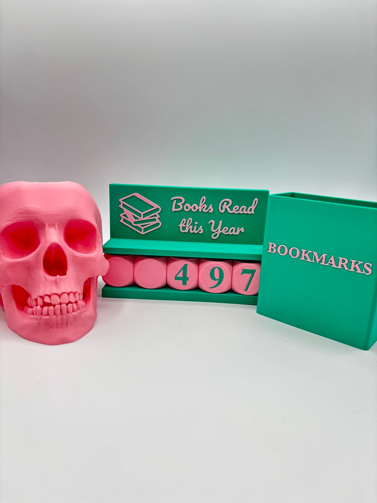 3D Printed Book Lovers Accessory Bundle – Adjustable book tracker up to 999 Books, book mark box, skull pen holder, Multiple Colors