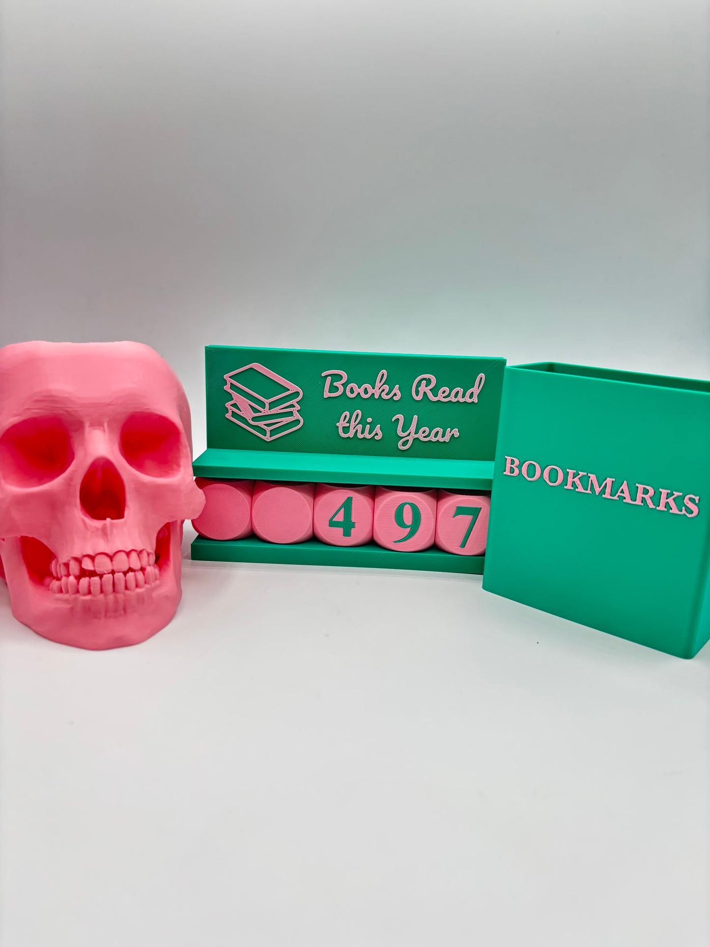 3D Printed Book Lovers Accessory Bundle – Adjustable book tracker up to 999 Books, book mark box, skull pen holder, Multiple Colors