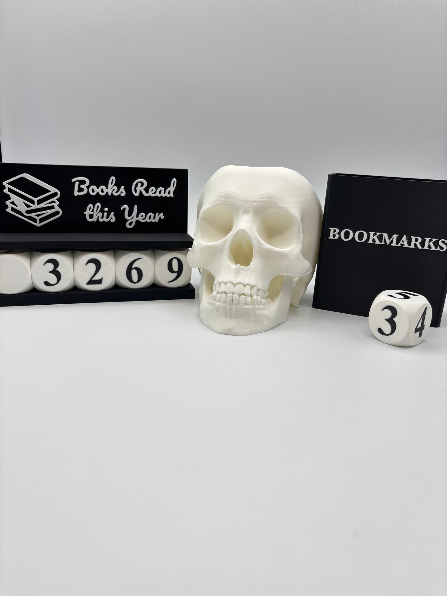 3D Printed Book Lovers Accessory Bundle – Adjustable book tracker up to 999 Books, book mark box, skull pen holder, Multiple Colors