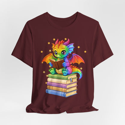 Jellybean Book Dragon Sitting on Books Graphic Tee