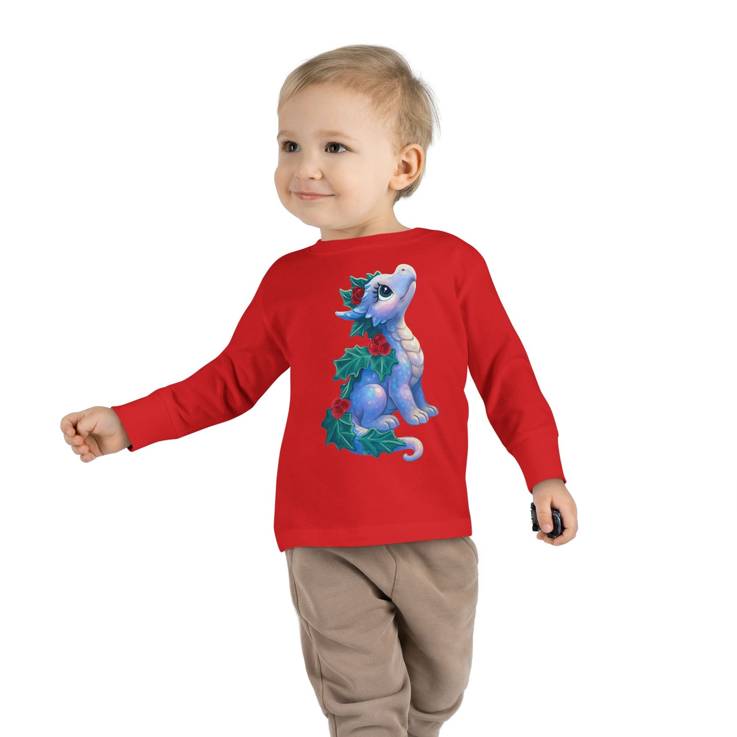 Holiday Dragon Toddler Long Sleeve Tee — Cute Blue Baby Dragon with Holly