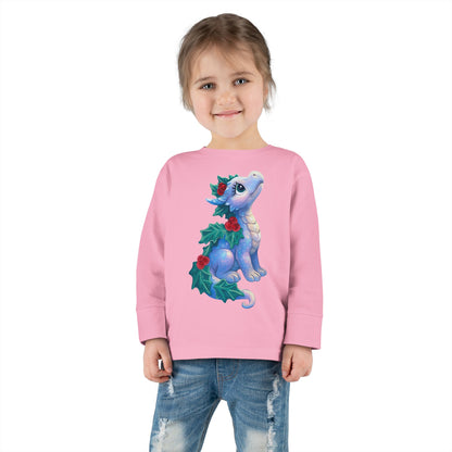 Holiday Dragon Toddler Long Sleeve Tee — Cute Blue Baby Dragon with Holly