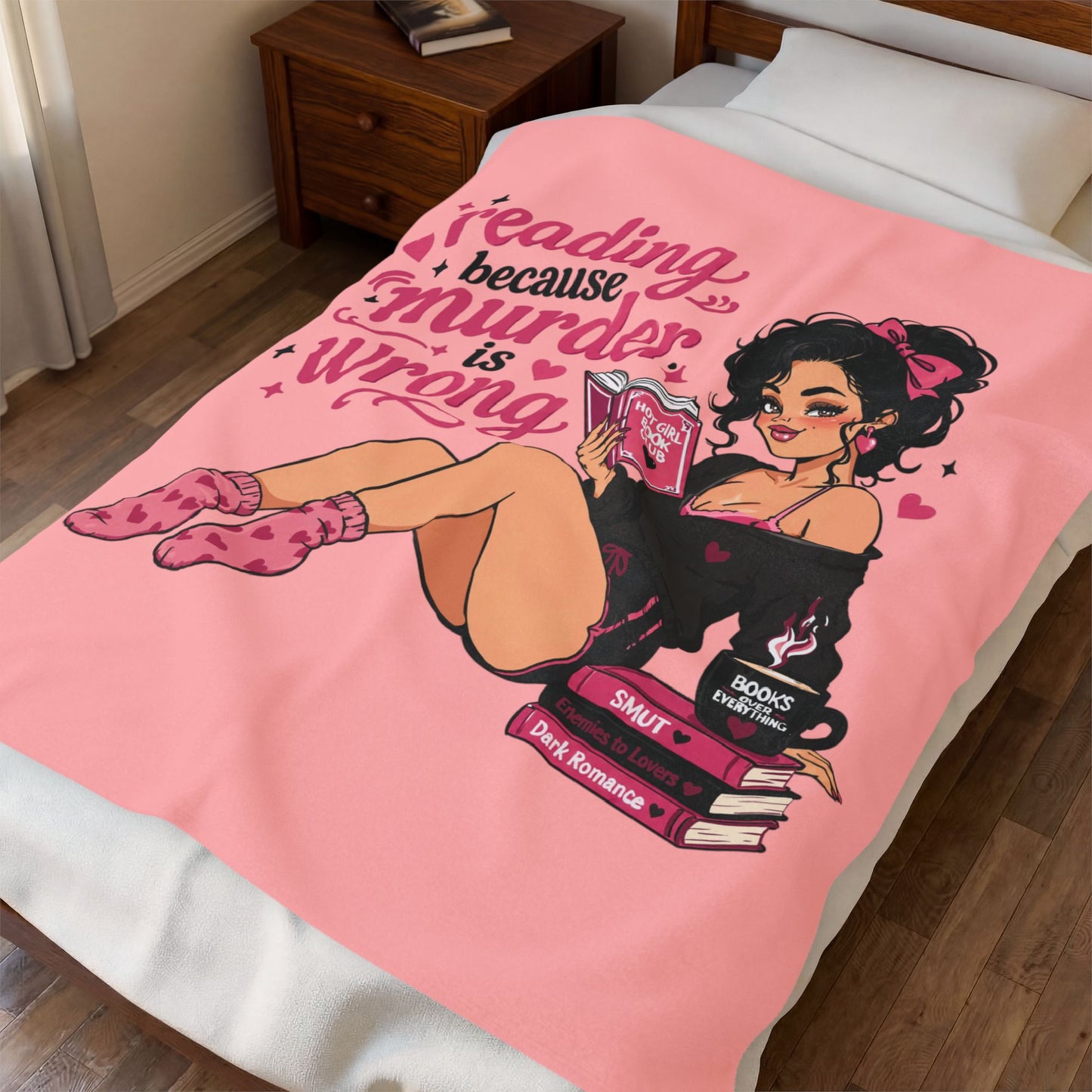 Velveteen Plush Blanket Pink Retro Booklover Pin-Up Design full character – view 5