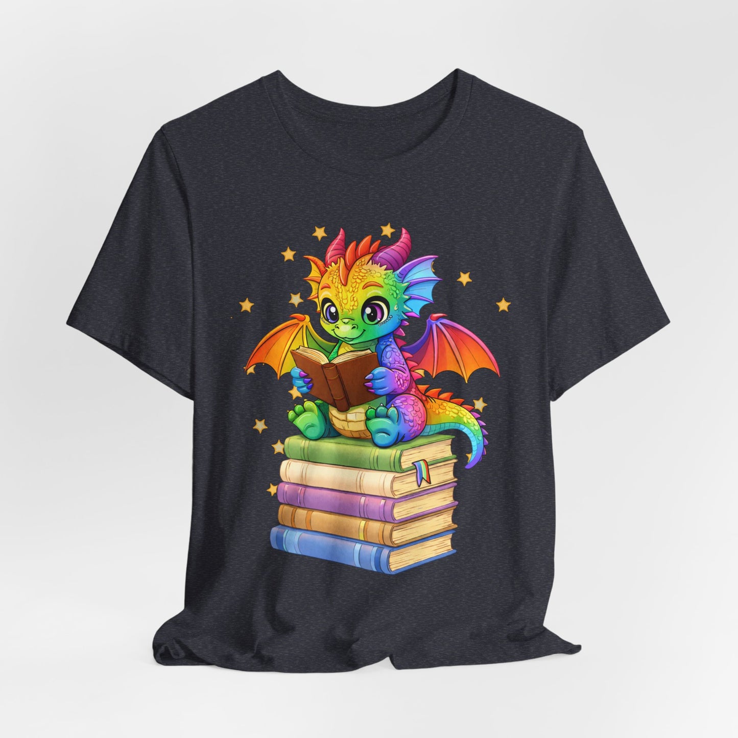 Jellybean Book Dragon Sitting on Books Graphic Tee