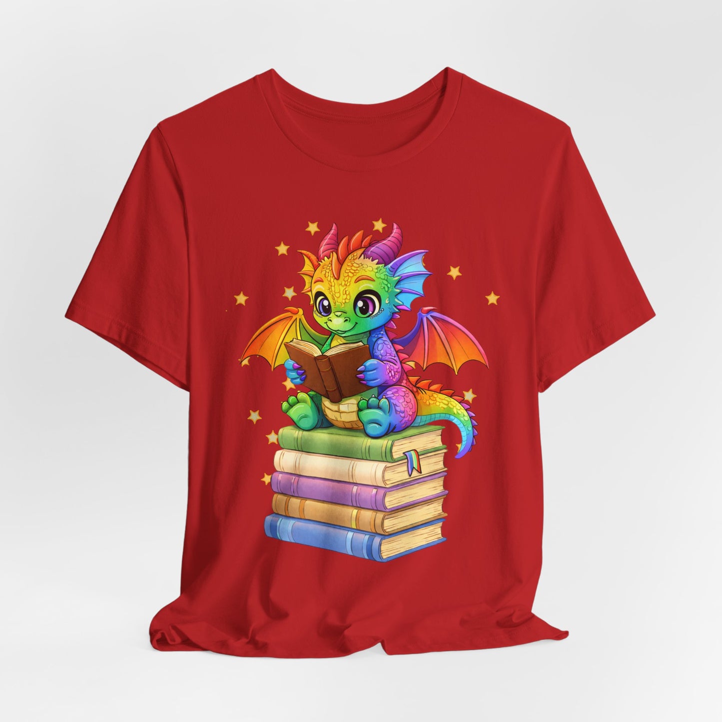 Jellybean Book Dragon Sitting on Books Graphic Tee