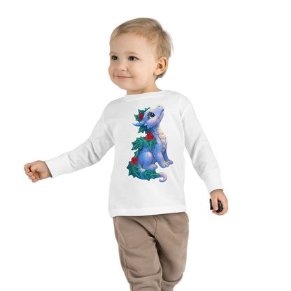 Holiday Dragon Toddler Long Sleeve Tee — Cute Blue Baby Dragon with Holly