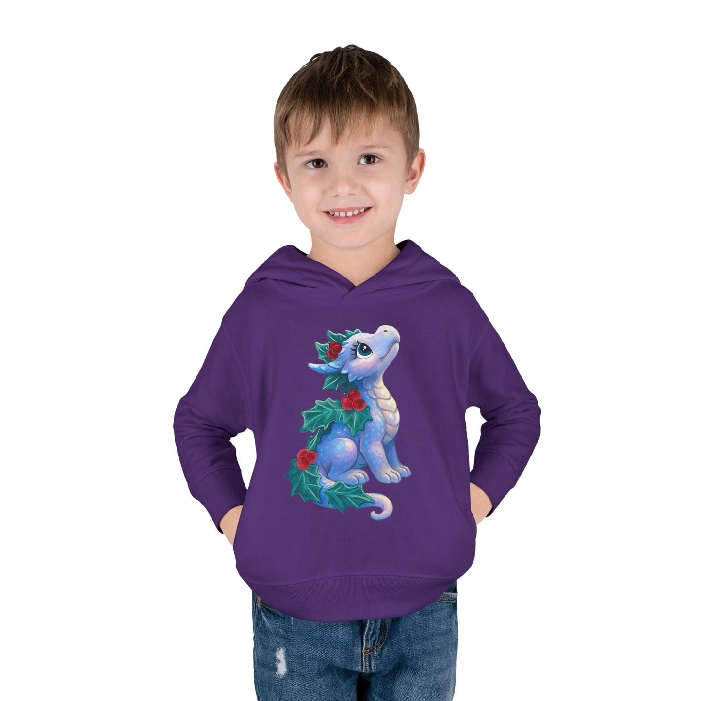 Toddler Hoodie — Cute Blue Baby Dragon with Holly Christmas Design