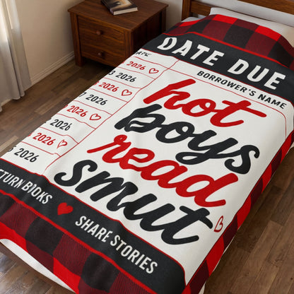 Velveteen Plush Blanket — "Hot Boys Read Smut" Library Card Throw, Cozy Plaid Reading Blanket