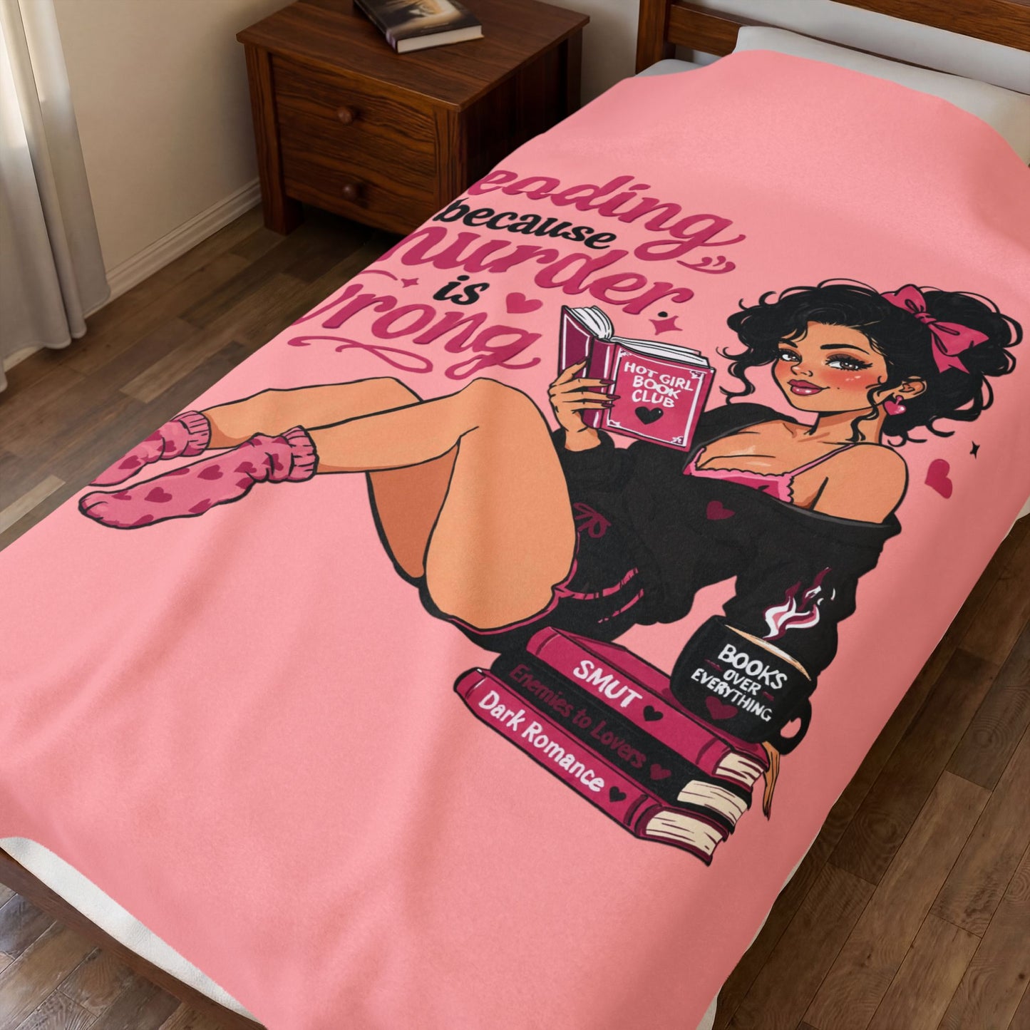 Velveteen Plush Blanket Pink Retro Booklover Pin-Up Design full character – view 8