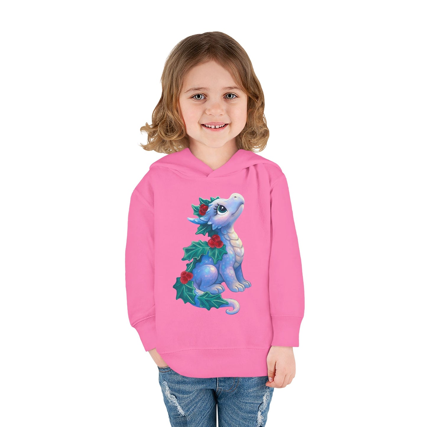Toddler Hoodie — Cute Blue Baby Dragon with Holly Christmas Design