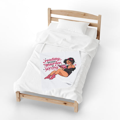 White version Velveteen Plush Blanket Pink Retro Booklover Pin-Up Design full character (no returns)