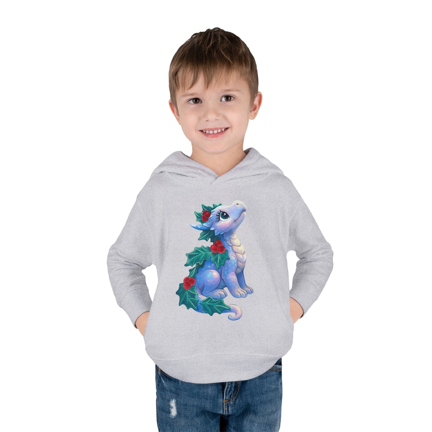 Toddler Hoodie — Cute Blue Baby Dragon with Holly Christmas Design