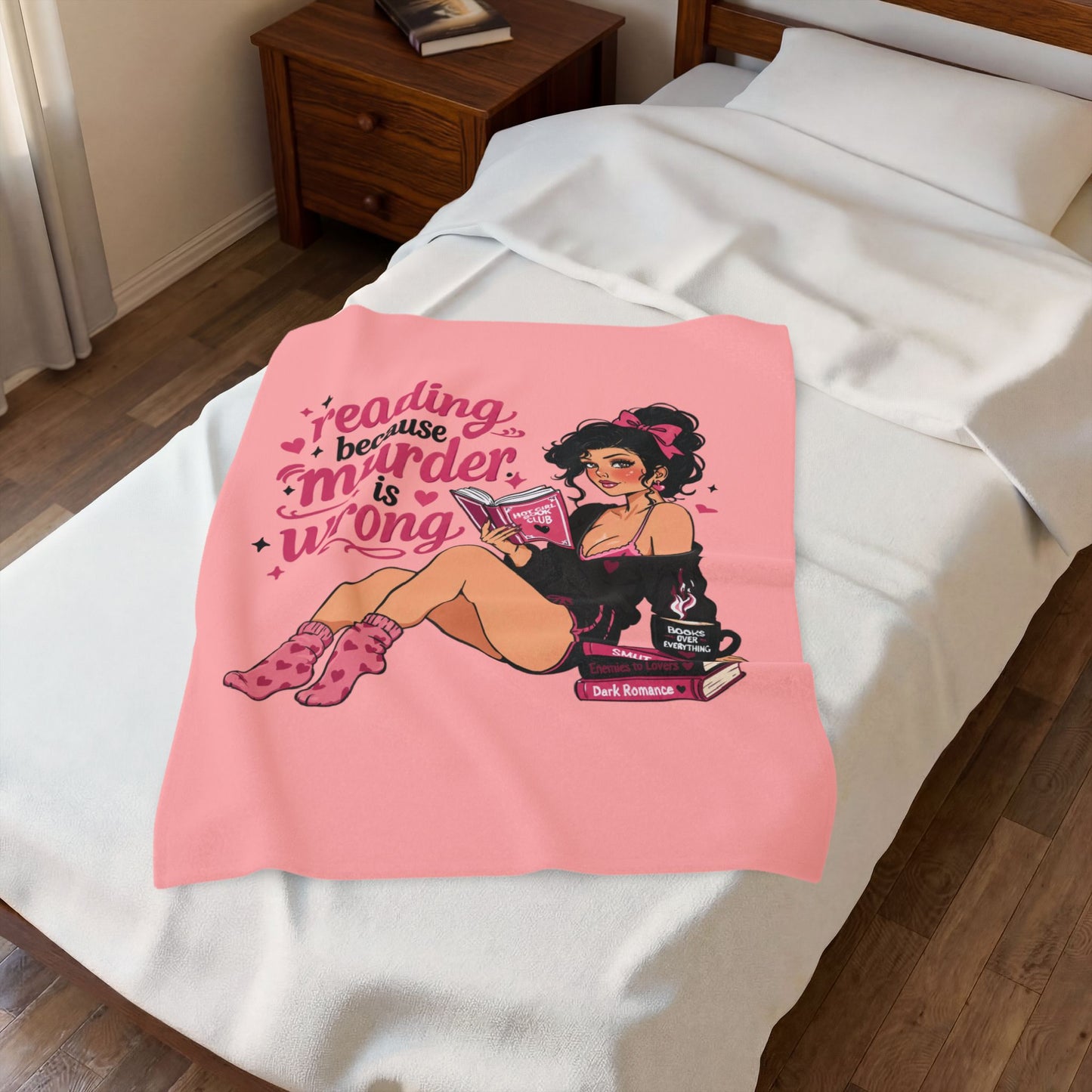 Velveteen Plush Blanket Pink Retro Booklover Pin-Up Design full character – view 11
