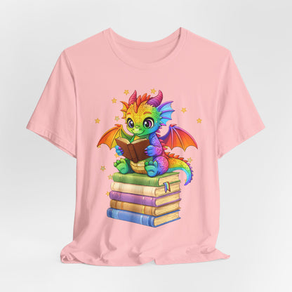 Jellybean Book Dragon Sitting on Books Graphic Tee