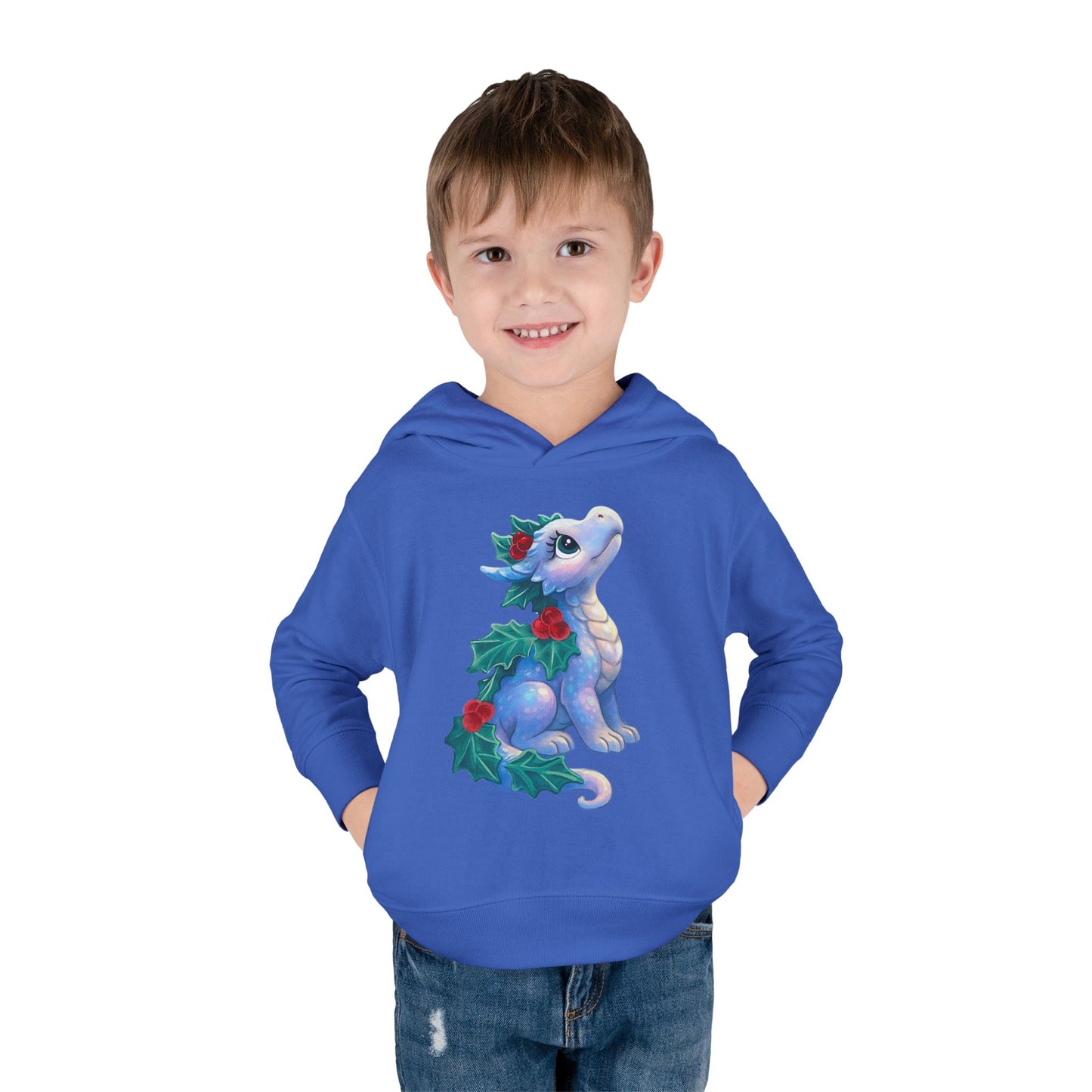 Toddler Hoodie — Cute Blue Baby Dragon with Holly Christmas Design