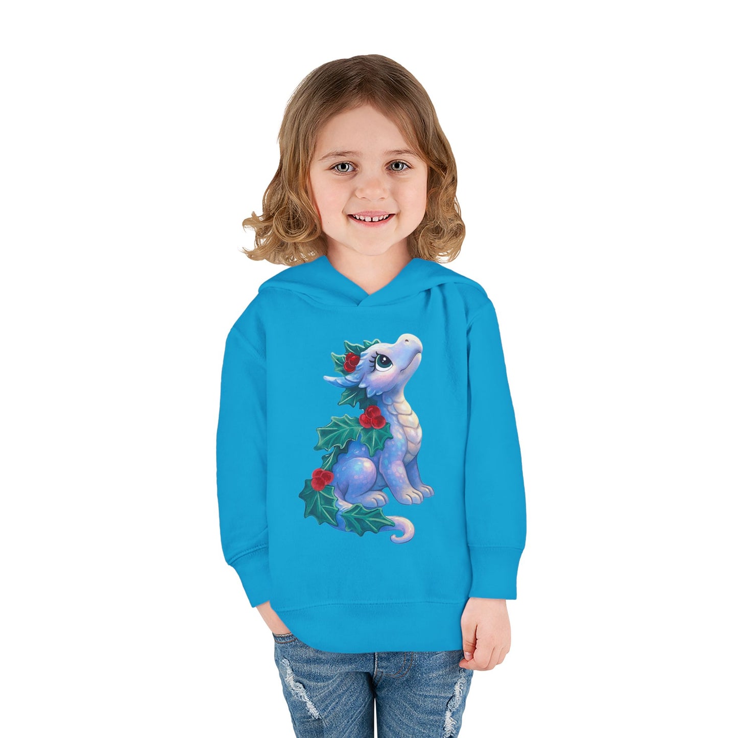 Toddler Hoodie — Cute Blue Baby Dragon with Holly Christmas Design