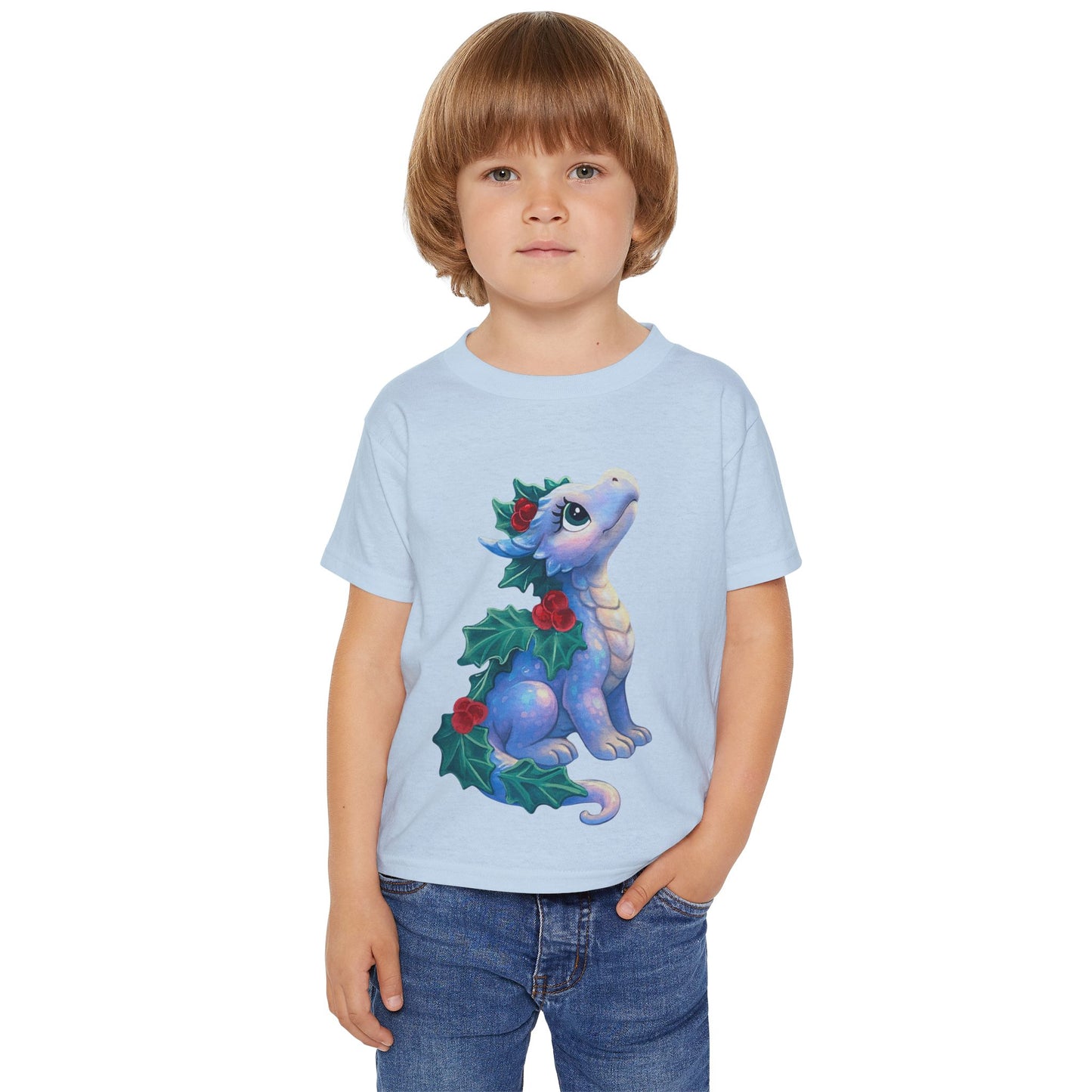 Toddler T-Shirt — Cute Blue Holiday Dragon with Holly & Berries