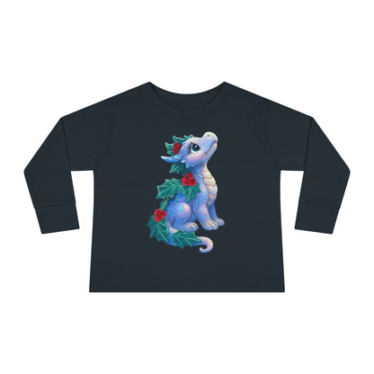 Holiday Dragon Toddler Long Sleeve Tee — Cute Blue Baby Dragon with Holly