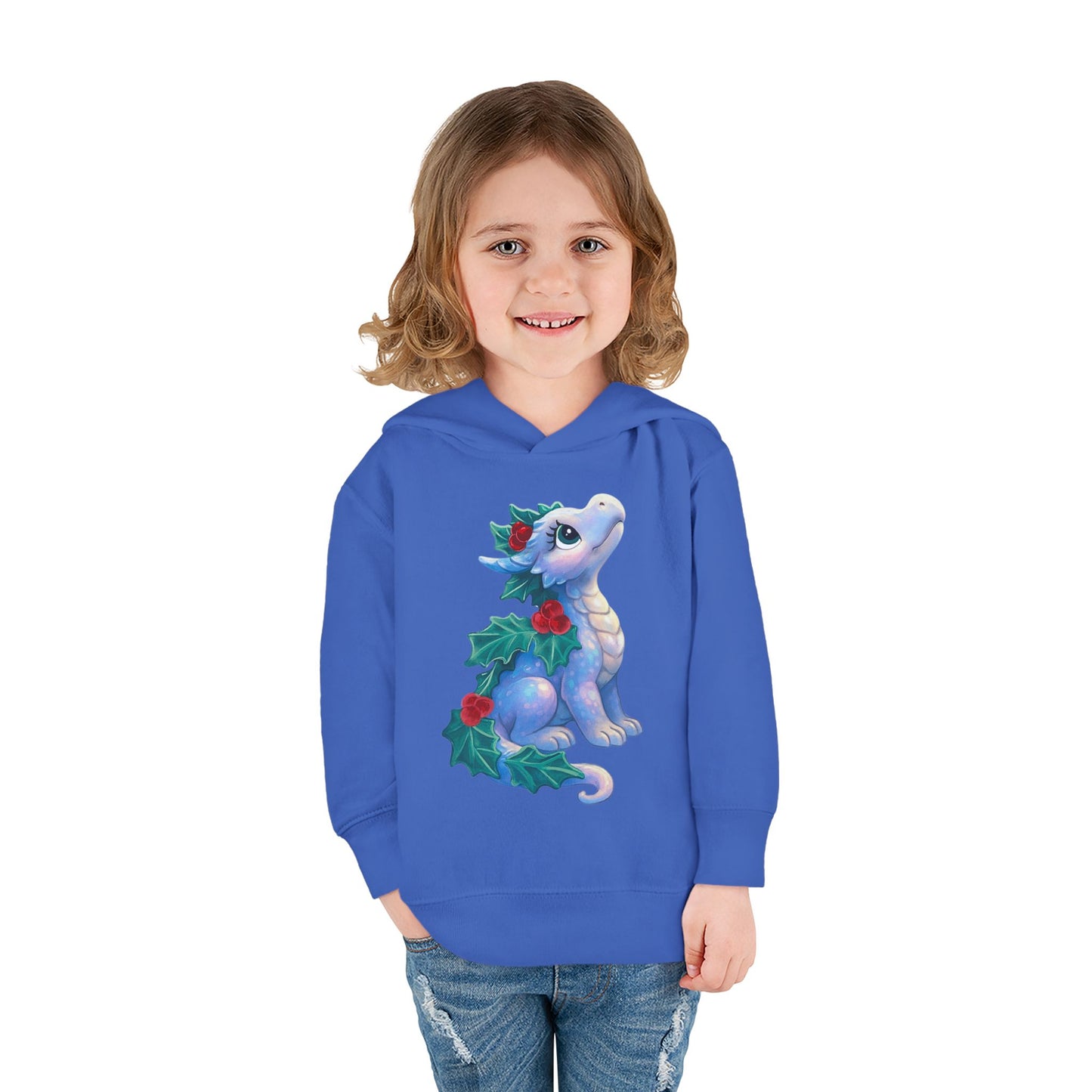 Toddler Hoodie — Cute Blue Baby Dragon with Holly Christmas Design