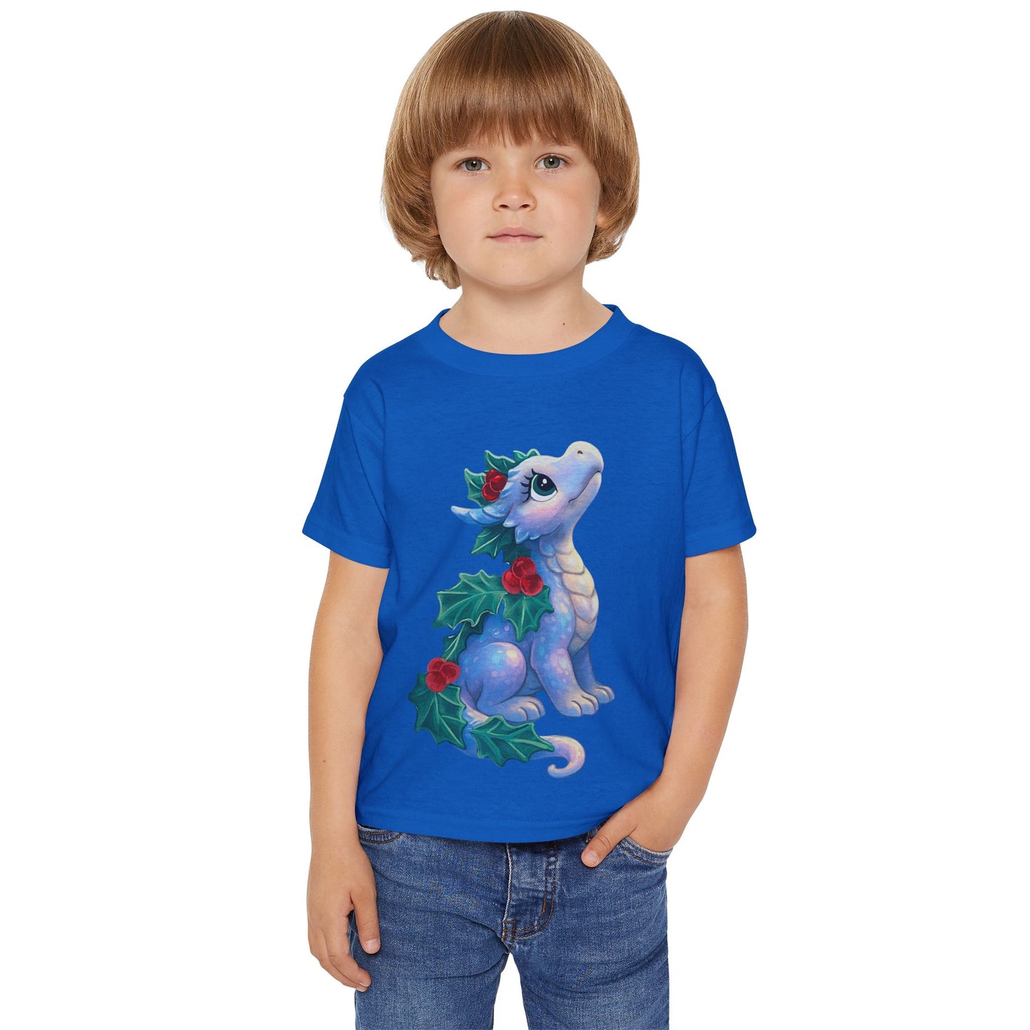 Toddler T-Shirt — Cute Blue Holiday Dragon with Holly & Berries
