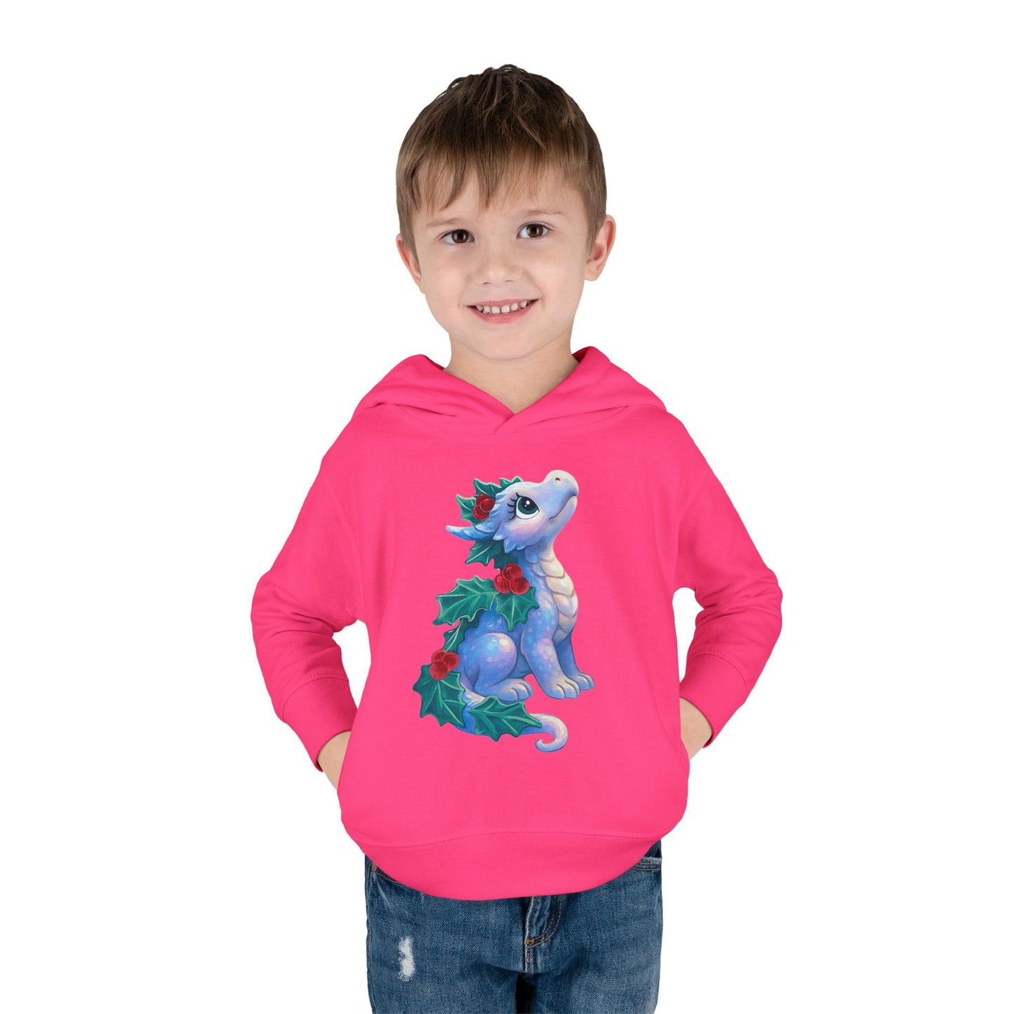 Toddler Hoodie — Cute Blue Baby Dragon with Holly Christmas Design