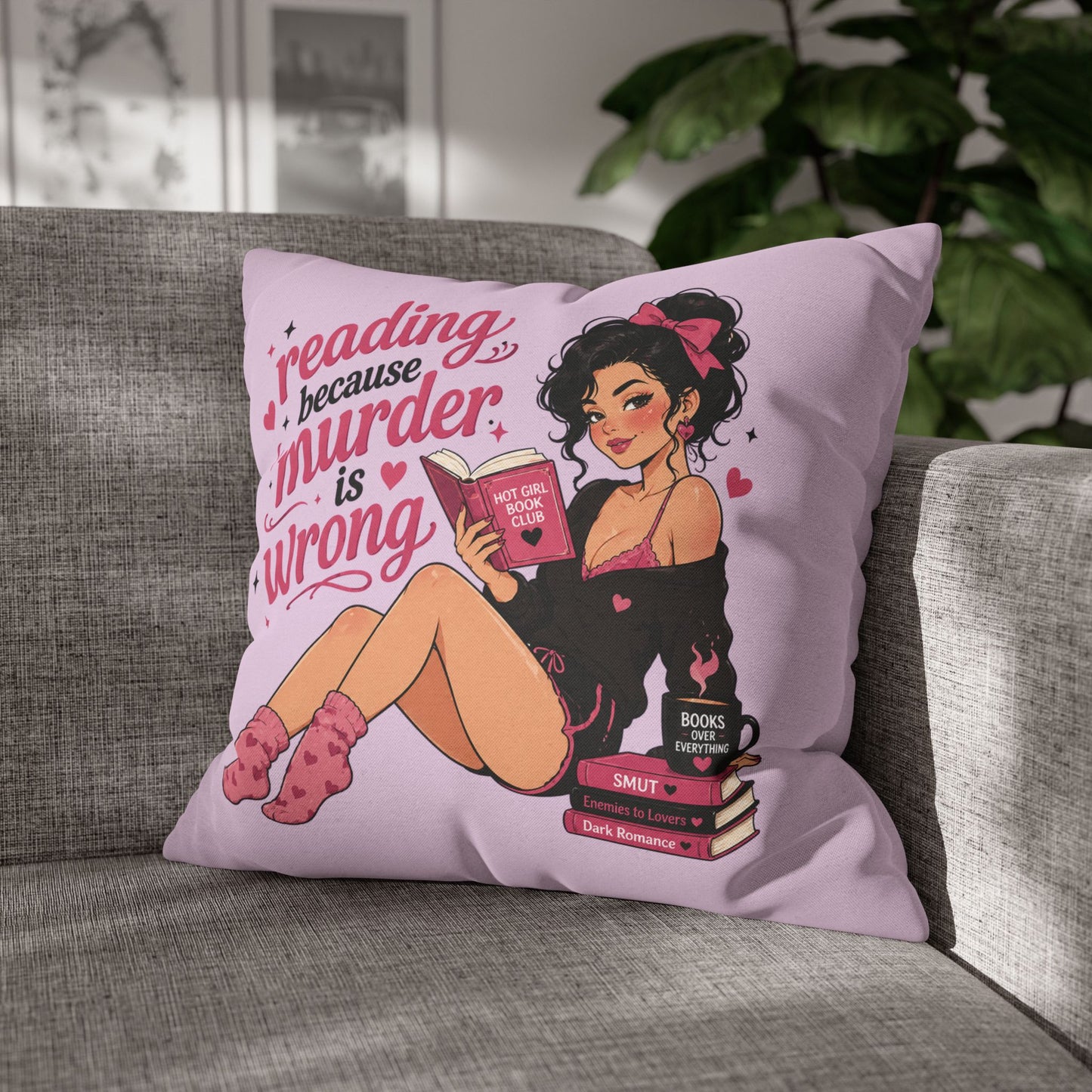 Purple Reading Because Murder Is Wrong Pillowcase Cute Book Lover Decorative Pillow No Returns