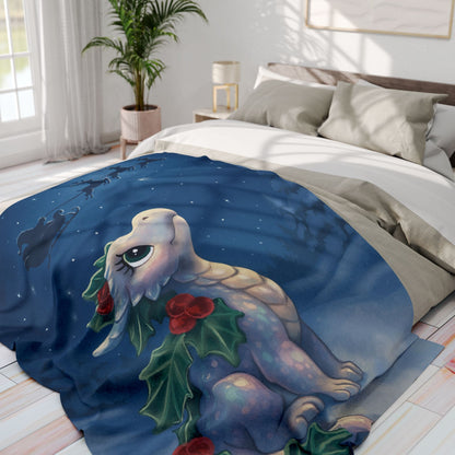 Emberly Holiday Dragon Fleece Blanket — Cute Winter Dragon with Holly & Santa Silhouette