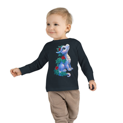 Holiday Dragon Toddler Long Sleeve Tee — Cute Blue Baby Dragon with Holly
