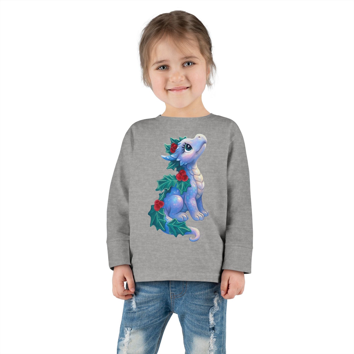 Holiday Dragon Toddler Long Sleeve Tee — Cute Blue Baby Dragon with Holly