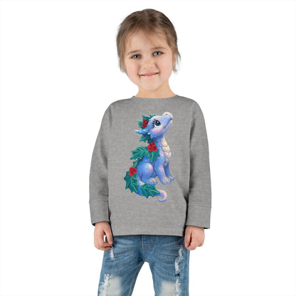 Holiday Dragon Toddler Long Sleeve Tee — Cute Blue Baby Dragon with Holly