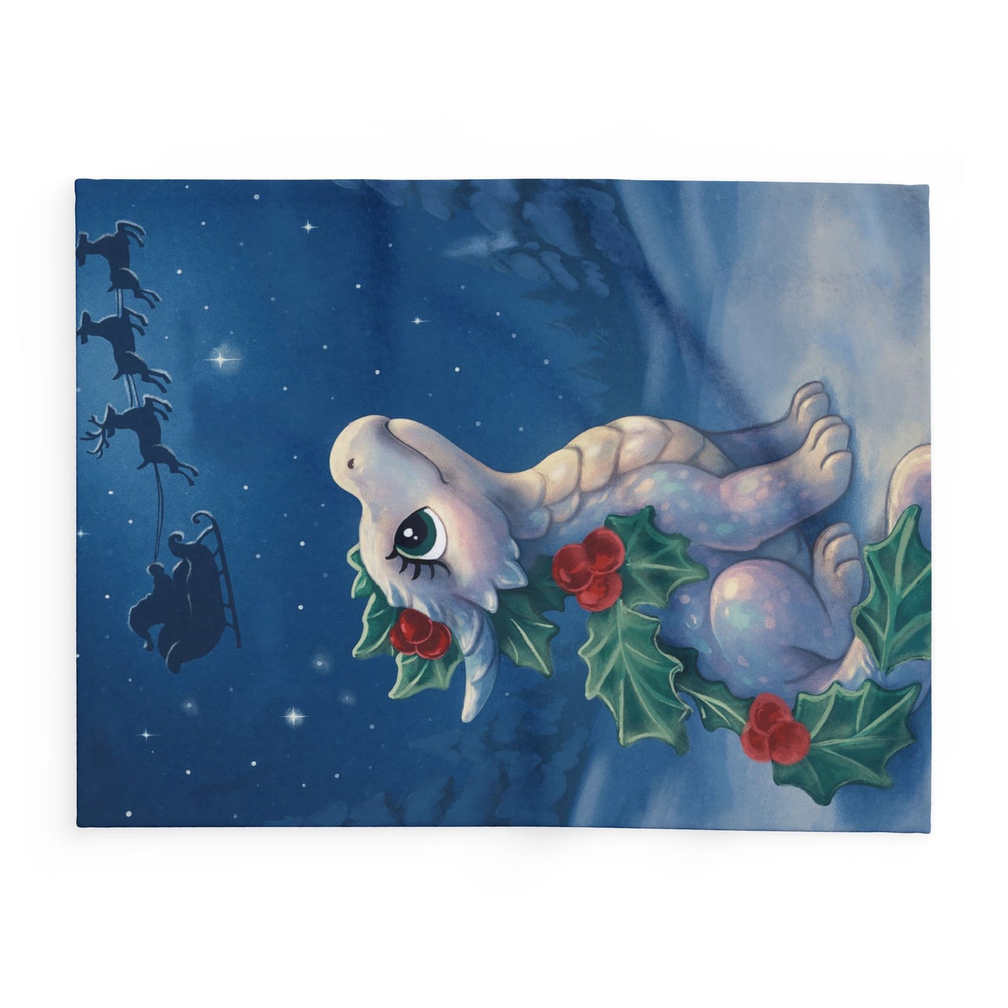 Emberly Holiday Dragon Fleece Blanket — Cute Winter Dragon with Holly & Santa Silhouette