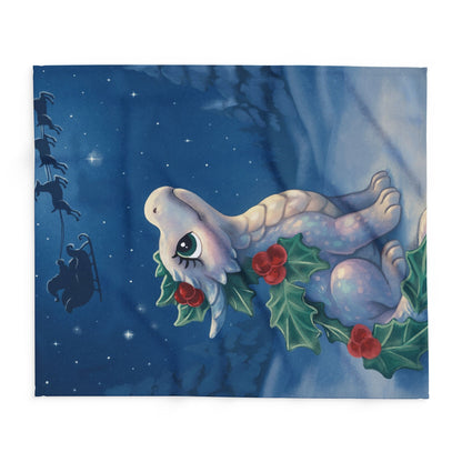 Emberly Holiday Dragon Fleece Blanket — Cute Winter Dragon with Holly & Santa Silhouette