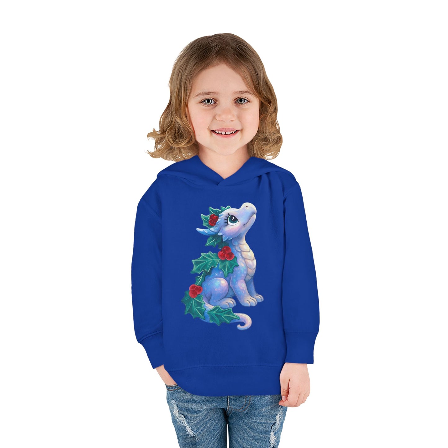 Toddler Hoodie — Cute Blue Baby Dragon with Holly Christmas Design