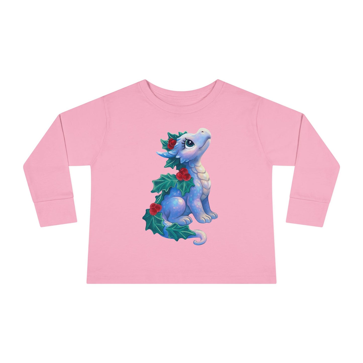 Holiday Dragon Toddler Long Sleeve Tee — Cute Blue Baby Dragon with Holly