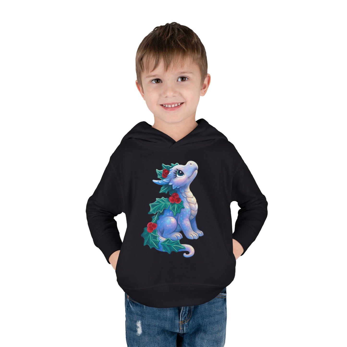 Toddler Hoodie — Cute Blue Baby Dragon with Holly Christmas Design
