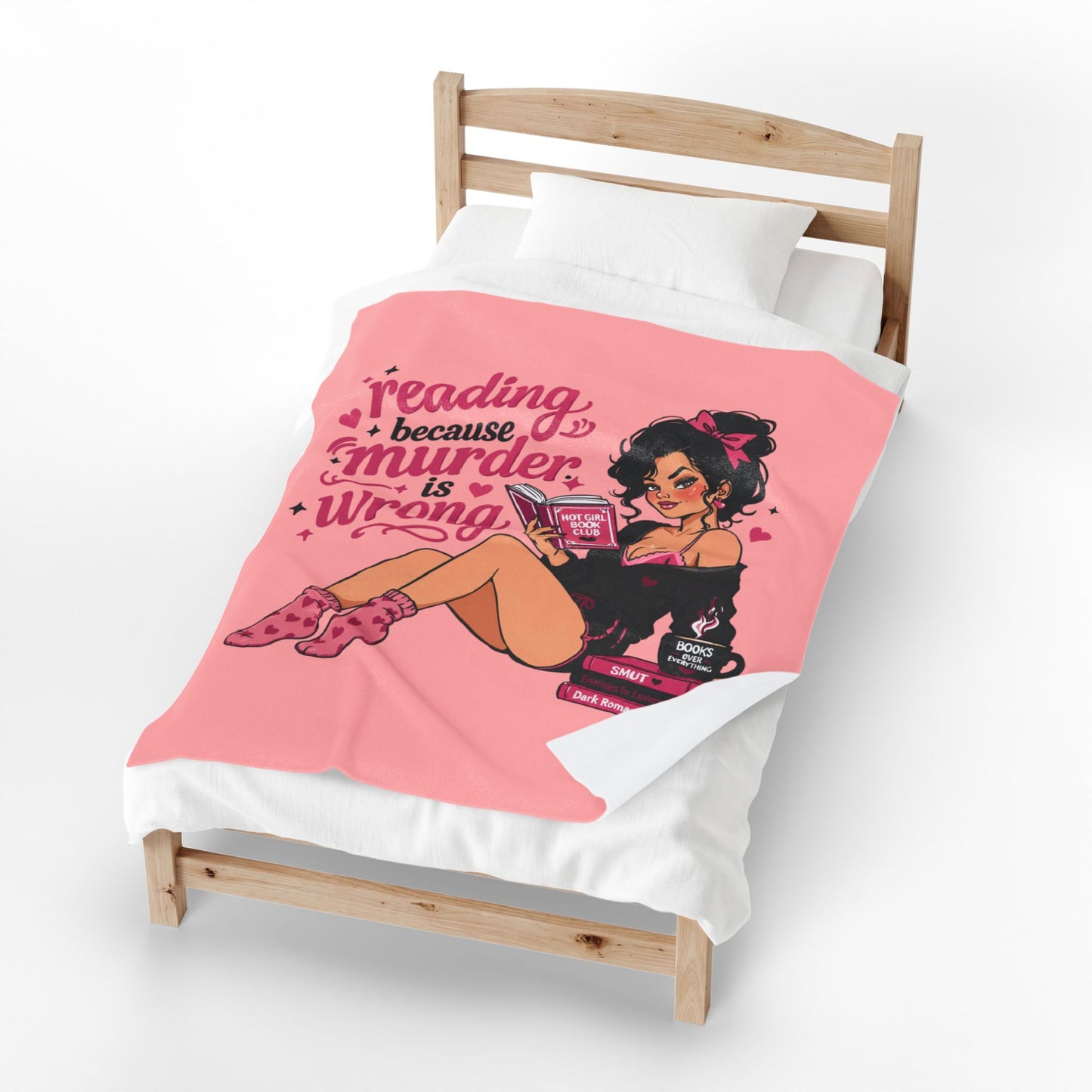 Velveteen Plush Blanket Pink Retro Booklover Pin-Up Design full character – view 6