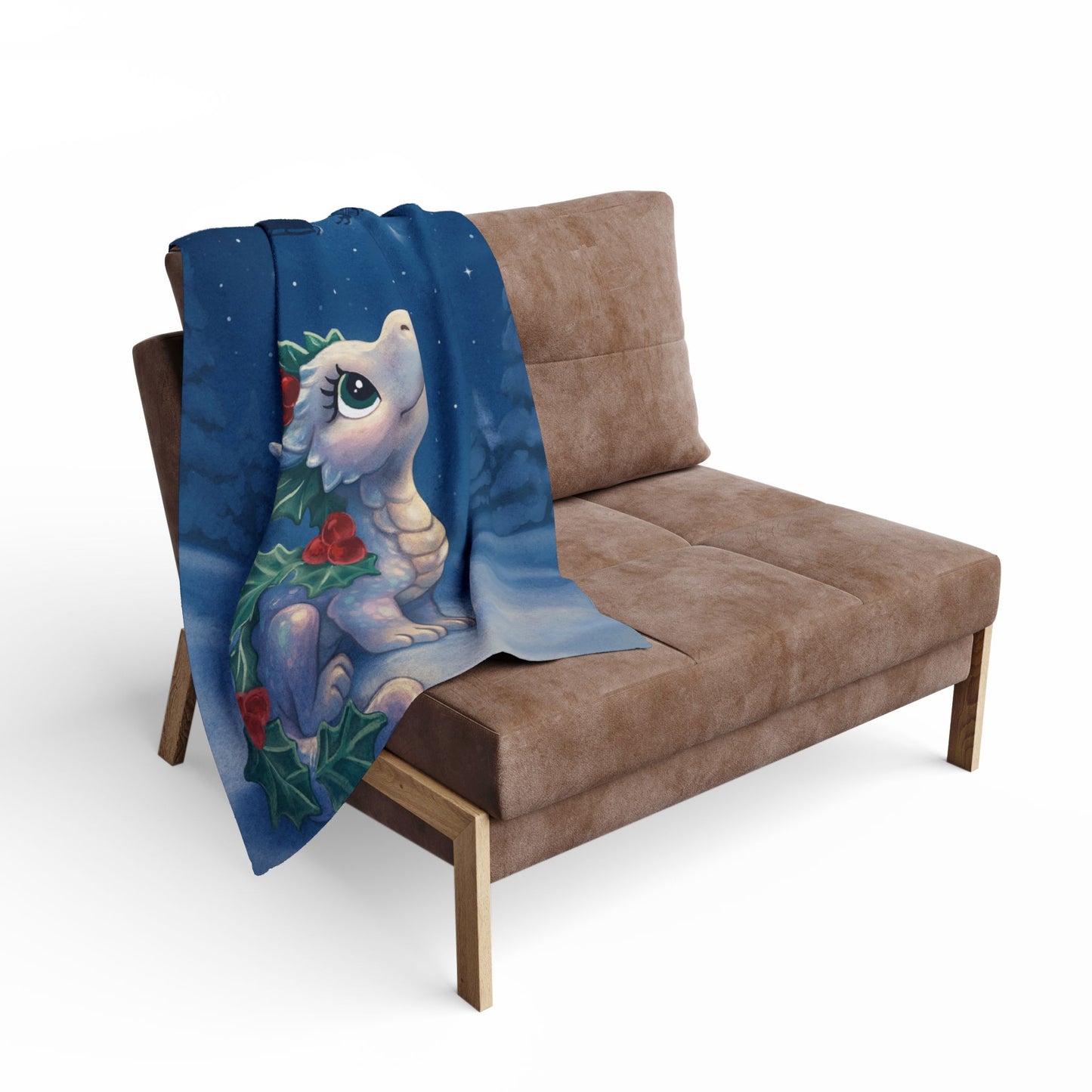 Emberly Holiday Dragon Fleece Blanket — Cute Winter Dragon with Holly & Santa Silhouette