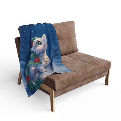 Emberly Holiday Dragon Fleece Blanket — Cute Winter Dragon with Holly & Santa Silhouette