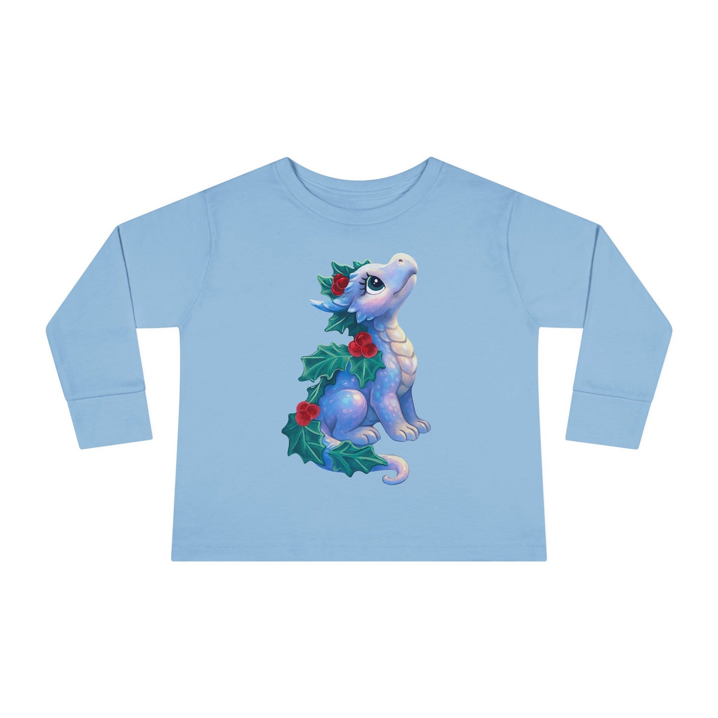 Holiday Dragon Toddler Long Sleeve Tee — Cute Blue Baby Dragon with Holly