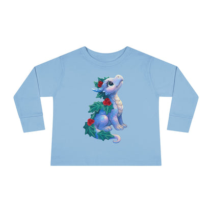 Holiday Dragon Toddler Long Sleeve Tee — Cute Blue Baby Dragon with Holly