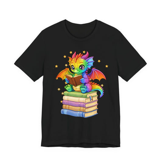 Jellybean Book Dragon Sitting on Books Graphic Tee
