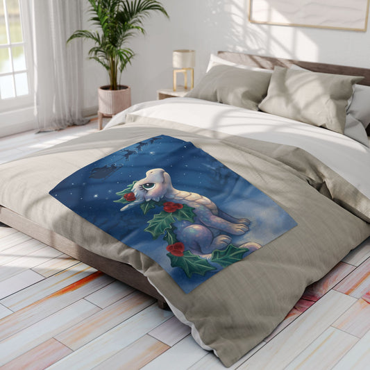 Emberly Holiday Dragon Fleece Blanket — Cute Winter Dragon with Holly & Santa Silhouette