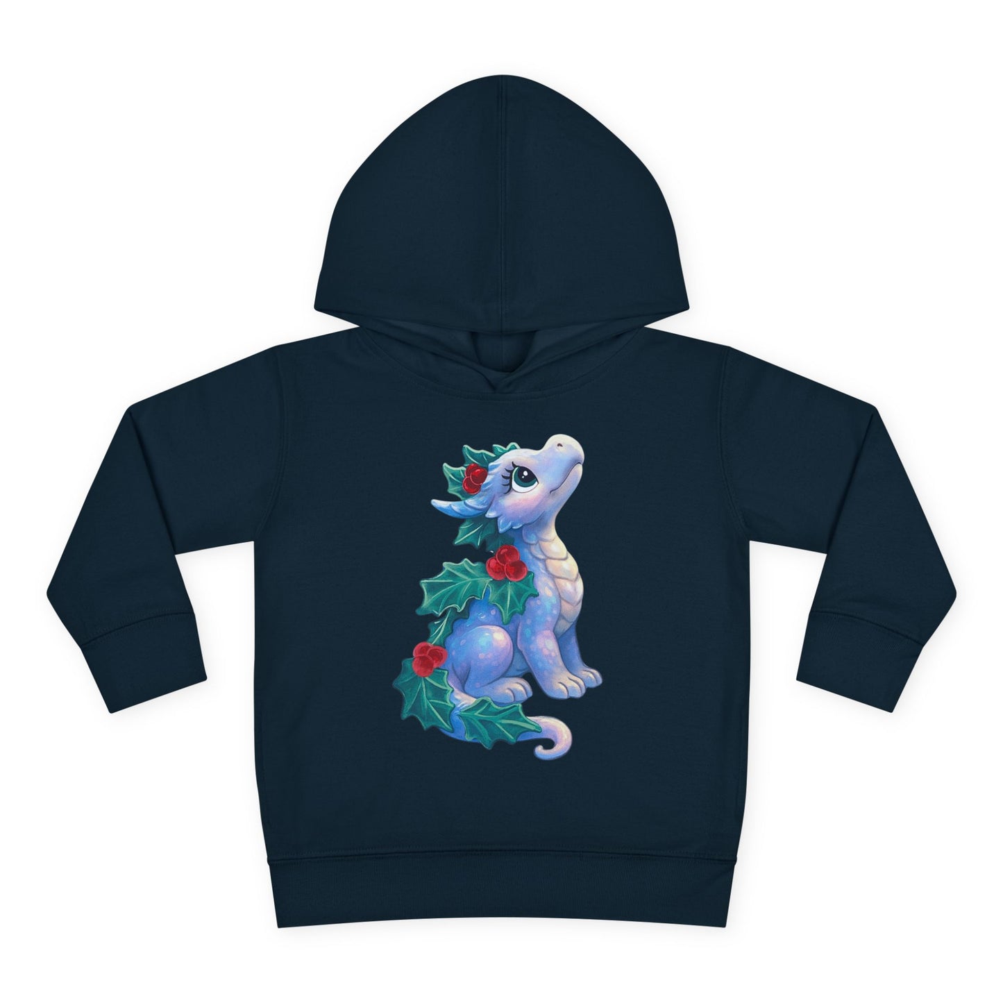 Toddler Hoodie — Cute Blue Baby Dragon with Holly Christmas Design