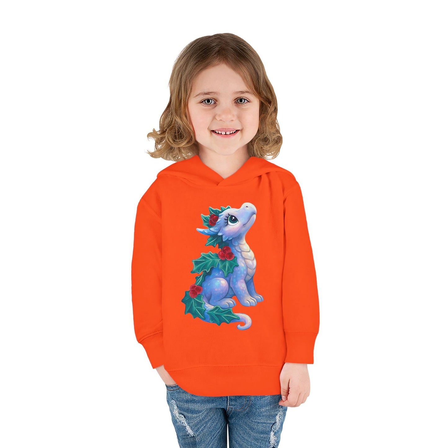 Toddler Hoodie — Cute Blue Baby Dragon with Holly Christmas Design