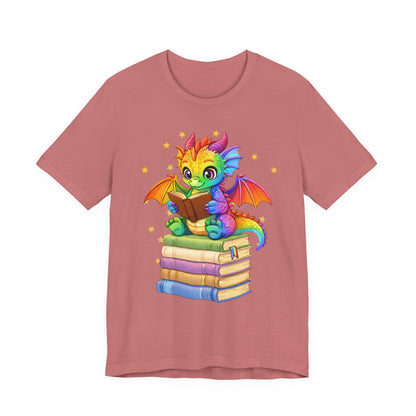 Jellybean Book Dragon Sitting on Books Graphic Tee