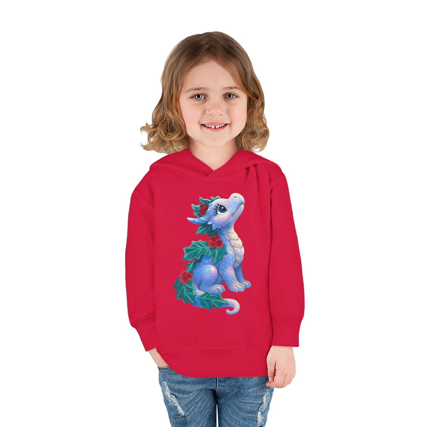 Toddler Hoodie — Cute Blue Baby Dragon with Holly Christmas Design